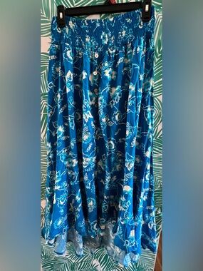 Susan Graver Passport Teal and White Floral Smocked Waist buttons Skirt Sz M